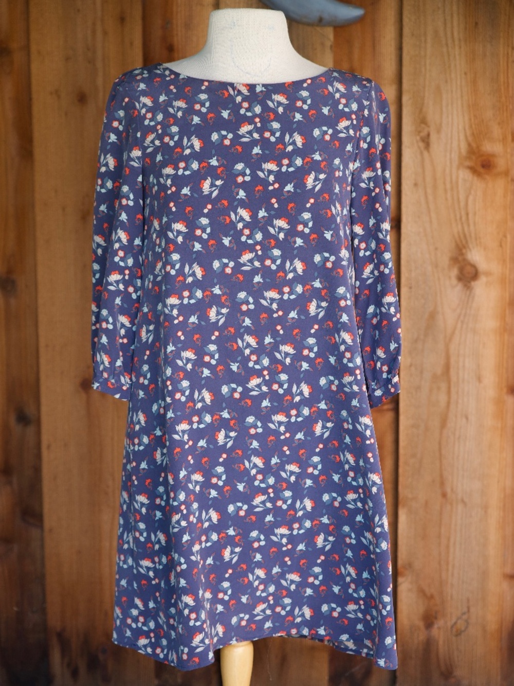 Amour Vert 100% Silk Blue & Red Floral Midi Shift Dress Made In USA Woman's XS